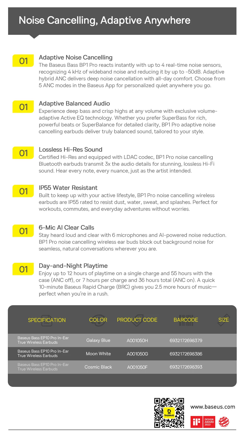 Baseus EP10 Pro ANC Wireless Earbuds – 50dB Noise Cancelling, LDAC Hi-Res, 6 Mic, IP55