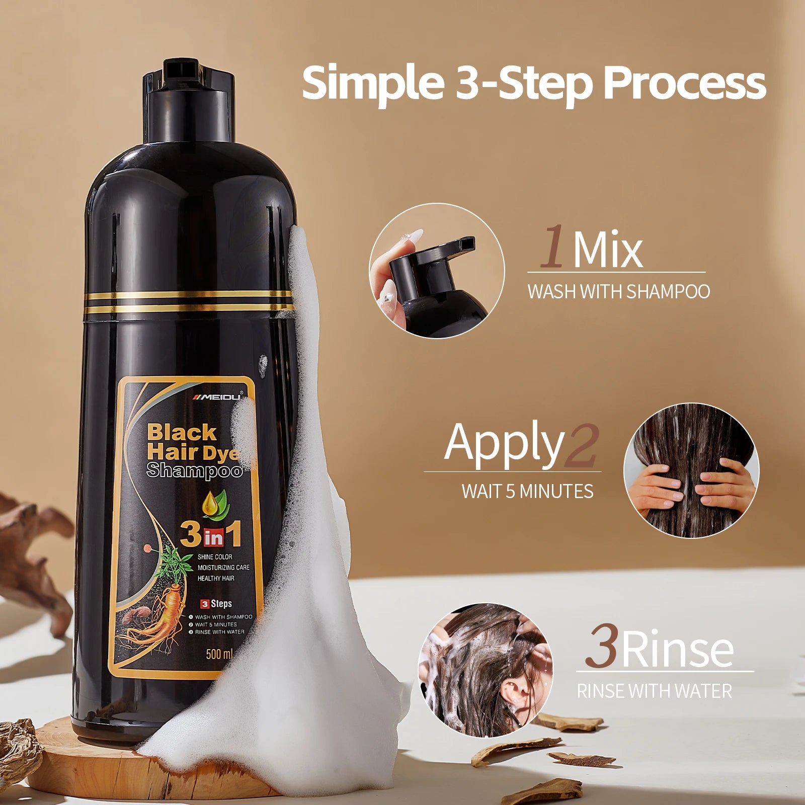 Meidu 3in1 Hair Dye Shampoo Easy to Use Moisturizing & Healthy Hair Care Creating Natural Hair Color,Quick Dyeing for Men Women